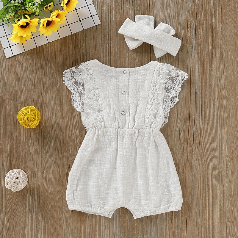 Baby Girl Lace Sleeve Romper With Matching Headband