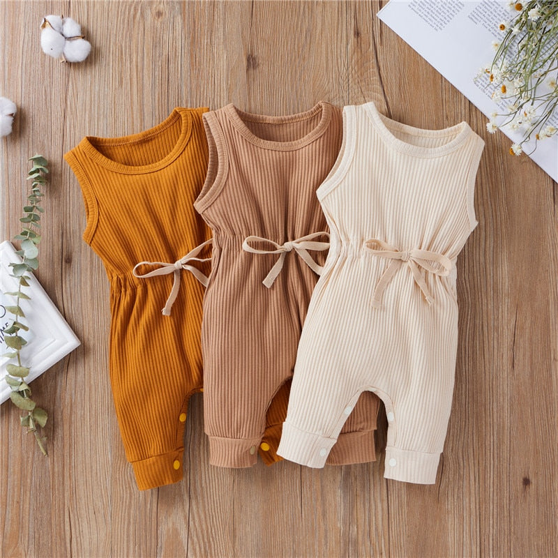 Baby Ribbed Sleeveless Tie Waist Romper